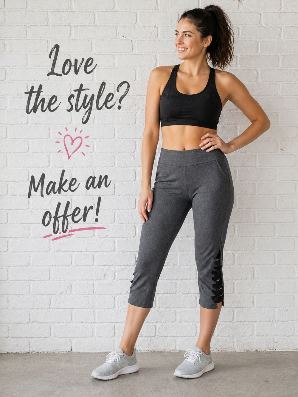 Betsey Johnson Performance Gray Cropped Leggings L  Side Straps Detail Athletic